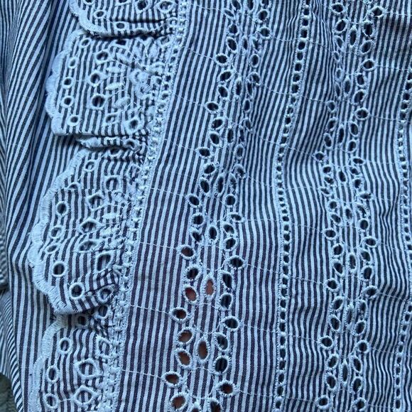 Navy Indigo Stripe Nautical Ruffle Embroidered Long Sleeve Cotton Office Blouse - Picture 10 of 13